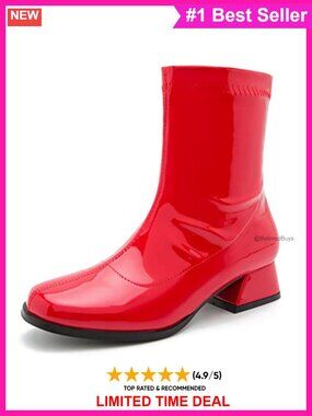 Mid Calf Gogo Boots Square Toe Low Block Heel Side Zip Patent Leather